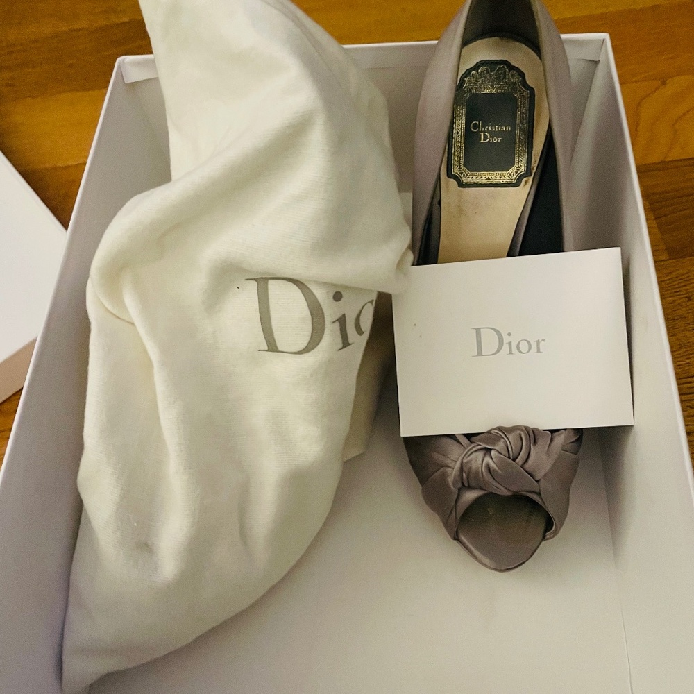 Dior silver/ pewter satin heels with bow size 38. Silver Plated Dior on heel